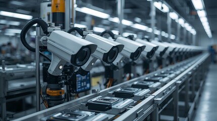 Factory surveillance cameras monitoring an assembly line. This image highlights the integration of technology in a modern industrial setting