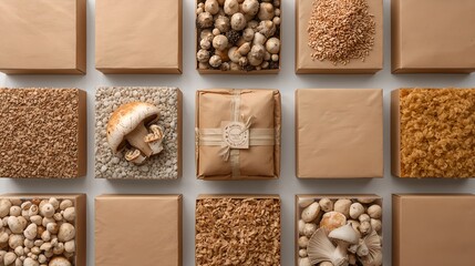 a variety of food and goods arranged within square sections 