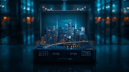 miniature cityscape within an open briefcase, symbolizing travel and opportunity, with city skyline as a concept