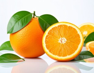 Composition of oranges and orange slices with green leaves on bright white background