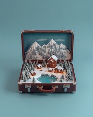 a miniature winter wonderland scene opens up inside a suitcase