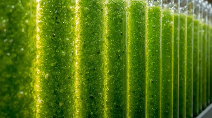 Lush green algae in laboratory test tubes, showcasing a display of verdant growth 