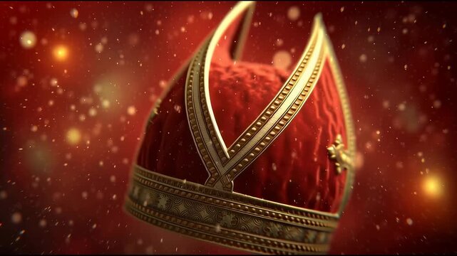 Red ceremonial bishop's mitre in a divine light and a red backdrop