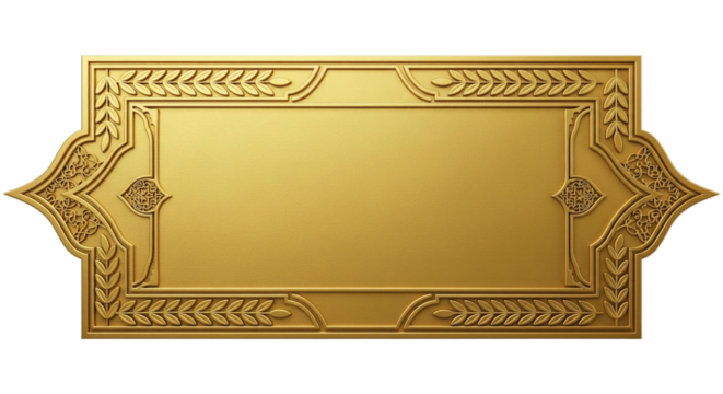 A decorative golden frame with intricate designs and a blank center. The frame is isolated on a transparent background, suitable for various design applications.
