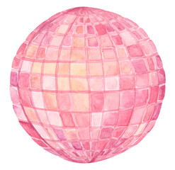 Cute Pink Disco Ball, Retro Party Decor Illustration. 70s Disco Party Ornament for New Year Celebration, Music Night or Birthday. Watercolor illustration.