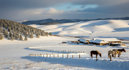 Snow-Covered Rural Landscape with Grazing Horses, Barns, and Rolling Hills &ndash; Winter Still Life Representing Pastoral Calm, Seasonal Beauty, and Emotional Quietude