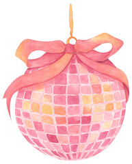 Cute Pink Disco Ball with Bow, Coquette Mirror Ball with Ribbon, Retro Party Decor Illustration. 70s Disco Party Ornament for New Year Celebration, Music Night or Birthday. Watercolor illustration.