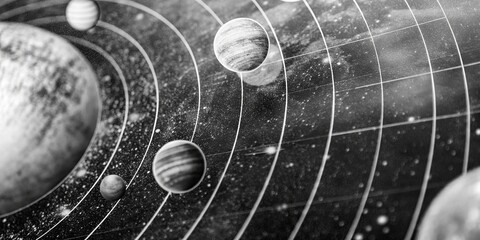 Black and white solar system illustration with planets and orbit lines in space. Abstract astronomy background with planets, solar system concept and cosmic science design