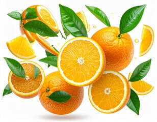Floating harmony of oranges, slices and leaves