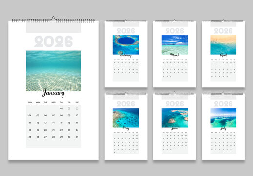Minimal Wall Calendar 2026 Template with Tropical Ocean Photo Layout