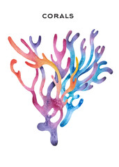 Coral reef watercolor set with colorful illustration of abstract sea underwater plants.