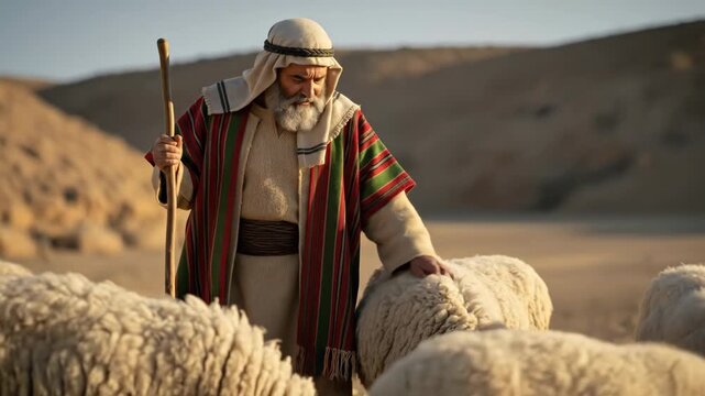 Biblical shepherd man watching over his flock of sheep in desert landscape under bright sun in religious setting, video