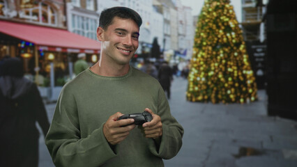 Man holding red and black game controller points finger at camera in busy street; playful enthusiasm.