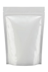 White plastic stand-up pouch with zipper for food packaging on a transparent background