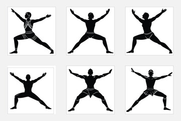 Warrior pose, triangle pose, cow pose yoga exercise silhouette vector art illustration
