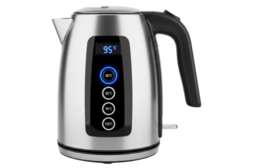Stainless steel electric kettle with digital temperature control on a transparent background