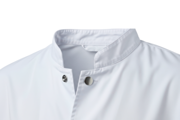 Close-up of a white chef coat collar with metal snap buttons on a transparent background