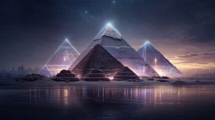 Neon holographic projections of ancient egyptian pyramids at night digital art futuristic landscape stunning visuals