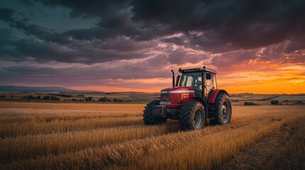 Obraz premium Red tractor in wheat field under dramatic sunset sky