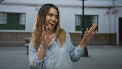Woman dancing with hands raised on a street building entrance, smiling with eyes closed; joyful freedom.