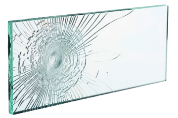 Shattered rectangular safety glass with a central impact point on a transparent background