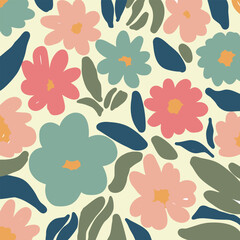 Whimsical hand drawn floral pattern with soft pastel colors and botanical elements.