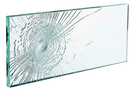 Shattered rectangular safety glass with a central impact point on a transparent background