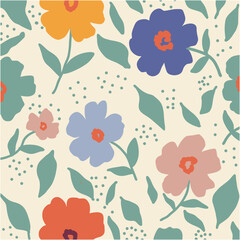 Vibrant and cheerful floral pattern with bold red blue pink and purple flowers and green leaves.