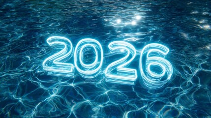 Neon Year 2026 Reflected on Water Surface in Glossy Background