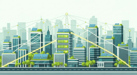 Fototapeta premium Illustration of a cityscape with buildings using solar panels and network connections displayed created with generated ai