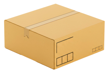Closed cardboard shipping box sealed with packing tape for delivery on a transparent background