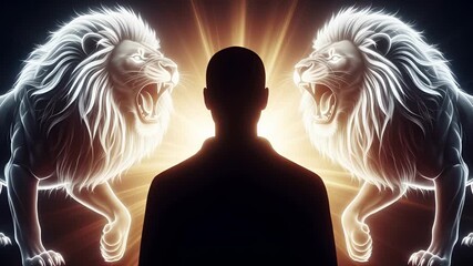 Man Facing Two Roaring Spirit Lions with Bright Light.relevant to all