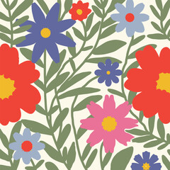 Vibrant and cheerful floral pattern with bold red blue pink and purple flowers and green leaves.