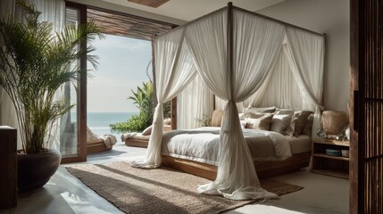 Elegant bedroom with canopy bed overlooking the ocean sunlight and serenity