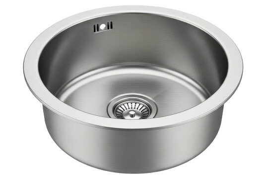Round stainless steel undermount kitchen sink with a drain strainer on a transparent background