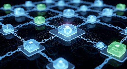 Abstract digital network with glowing nodes and connections, representing data flow and technology.