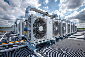 A large white commercial air conditioning system is installed on the roof of a building
