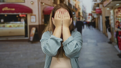 Freckled redhead woman smiling covers eyes with hands in denim shirt on busy cobblestone street; playfulness.