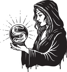 Monochromatic depiction of a hooded woman with a mystical fortun