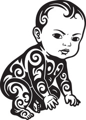 Monochrome stylized infant illustration adorned with swirling tr