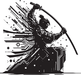 Dynamic Black and White Illustration of a Samurai Warrior with a