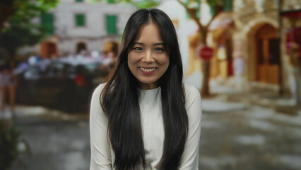 Fototapeta premium Young chinese woman smiling in a charming outdoor street setting with blurred urban scenery and people in background suggesting a vibrant city atmosphere.