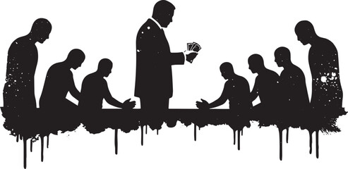 Systemic corruption depicted by shadowy figures and dripping ink