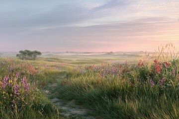 Colorful Wildflowers Field At Sunrise