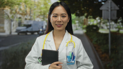 Young chinese woman doctor with stethoscope and notebook stands outdoors on a street, showcasing professional health care expertise in an urban setting.