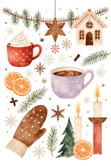 Cozy winter scene with festive decorations and warm drinks during the holiday season

