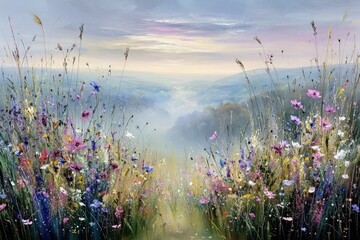Colorful Meadow Flowers With Mist In Valley At Sunrise