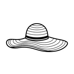 Black and white line art illustration of a wide-brimmed sun hat with a striped pattern.