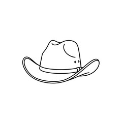 A simple black and white line art drawing of a classic western cowboy hat isolated on a plain background.