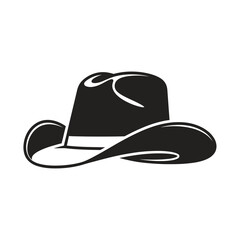 A simple black and white graphic illustration of a classic western cowboy hat isolated on a plain background.